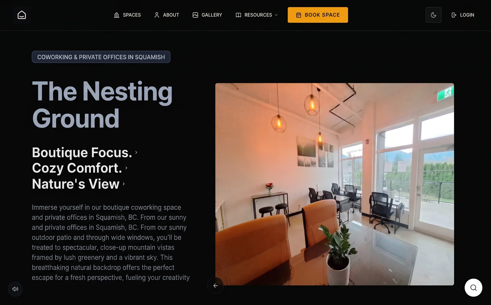 NestingGround public homepage showing the live coworking and private-office website in Squamish